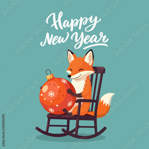 The fox is sitting in a rocking chair and holding a large Christmas tree toy. New Year vector illustration in cartoon style