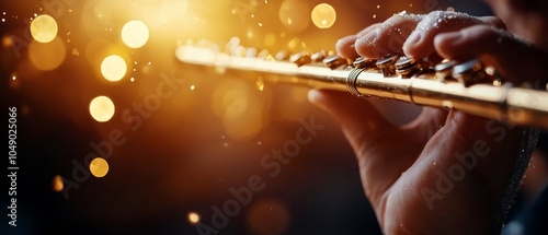  A tight shot of hands playing a flute against a backdrop of softly blurred lights
