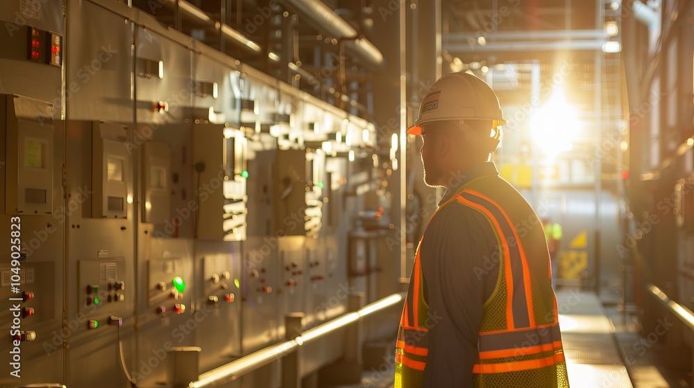Caucasian Male Worker in a Safety Helmet Operating Control Panels in an Industrial Facility. Concept of Workplace Safety, Industrial Operations, Manual Labor, and Technical Expertise Caucasian Male Worker in a Safety Helmet Operating Control Panels in an Industrial Facility. Concept of Workplace Safety, Industrial Operations, Manual Labor, and Technical Expertise