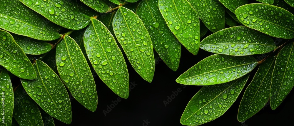 Fototapeta premium A verdant leaf, closely framed, dotted with water droplets Dark backdrop invites text