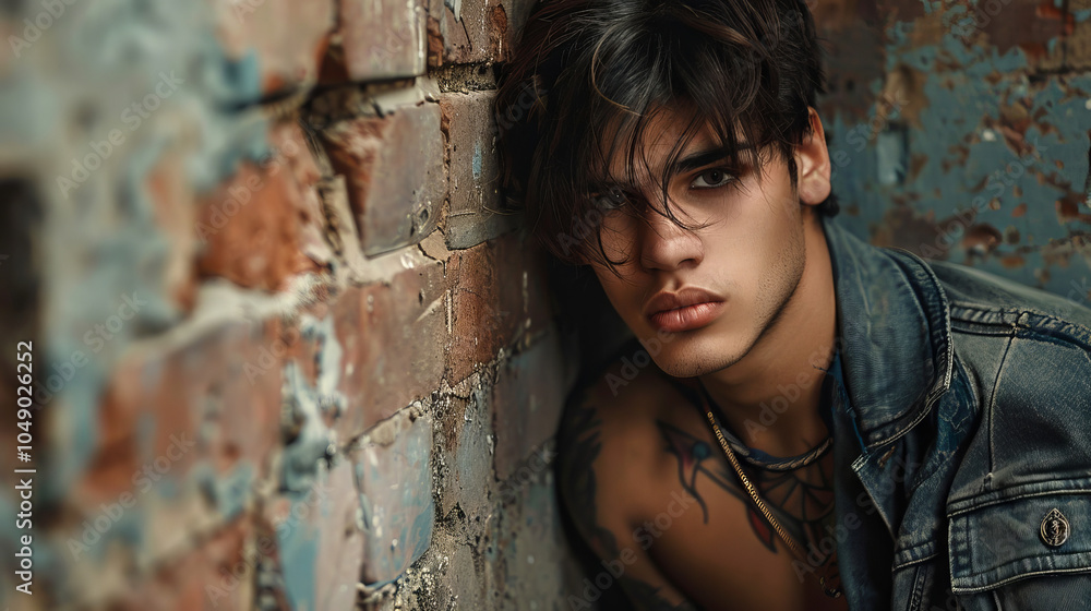 Grunge-style photo of a gay man with a soft yet intense gaze, leaning against a textured brick wall. Concept of alternative fashion, LGBTQ identity, self-expression, and urban aesthetics Grunge-style photo of a gay man with a soft yet intense gaze, leaning against a textured brick wall. Concept of alternative fashion, LGBTQ identity, self-expression, and urban aesthetics