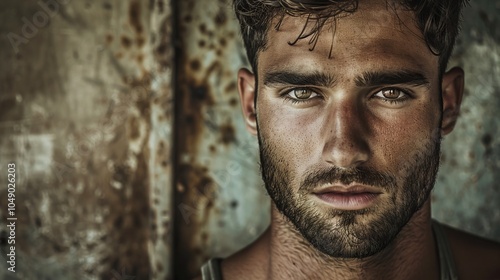 Grunge Style Portrait of a Young Man with Intense Gaze. Concept of Masculine Confidence, Urban Fashion, and Rugged Beauty