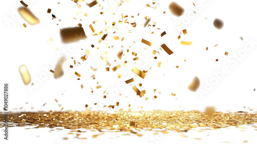 A vibrant display of glittering gold confetti falling gently, creating a festive and celebratory atmosphere. Can be used for celebration, Christmas, New Year, Carnival festivity, Valentine’s Day.
