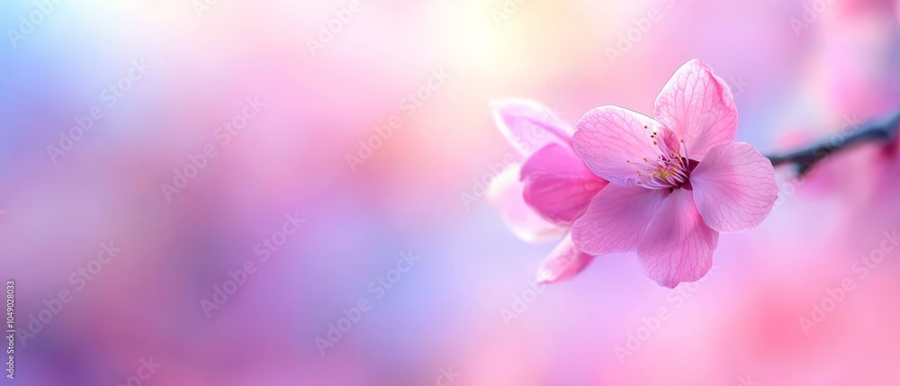 A tight shot of a pink blossom on a branch against a softly blurred backdrop of blue, pink, and yellow A tight shot of a pink blossom on a branch against a softly blurred backdrop of blue, pink, and yellow