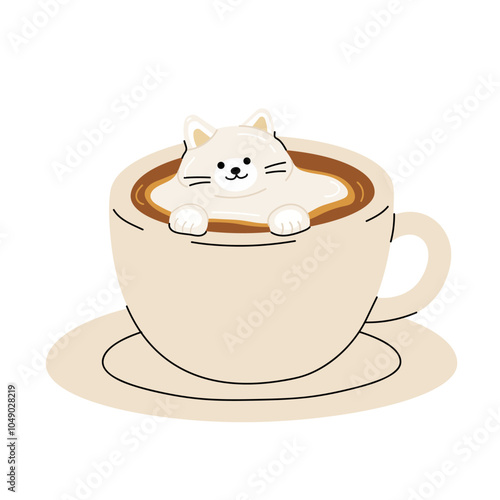 Set of cute Coffee Cups with Latte Art. Collection of coffee drinks with variety latte art heart, leaf, bear, cat, Flower. Cafe Bar or Coffee House Graphics. Vector Illustration, Icons. Isolated