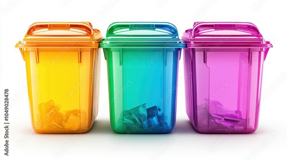 Colorful recycling bins in a row, isolated on a white background, promoting waste separation and environmental awareness. Colorful recycling bins in a row, isolated on a white background, promoting waste separation and environmental awareness.