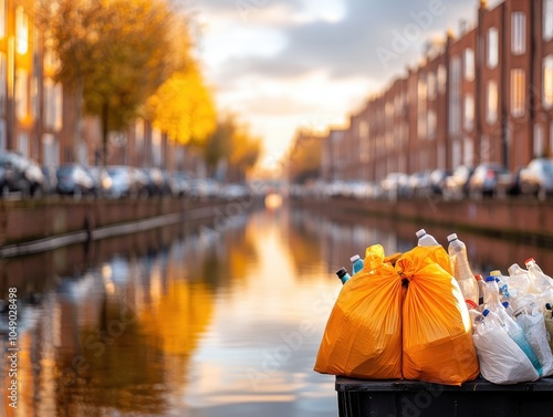 Colorful trash bags beside a canal reflecting autumn colors, showcasing urban waste management issues. photo