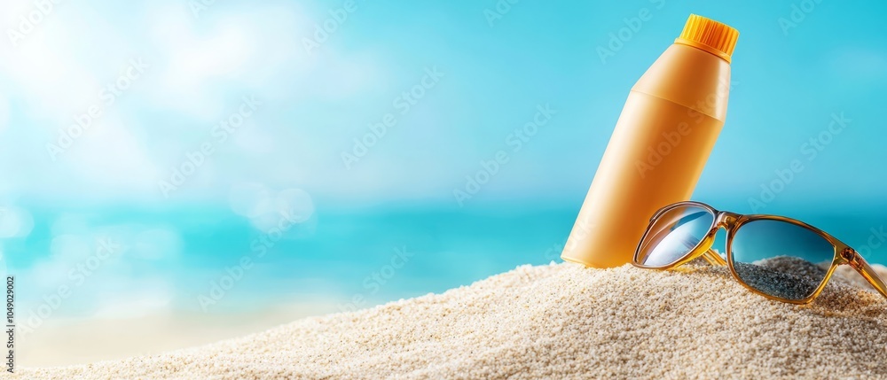  A bottle of sunscreen, sunglasses, and sun-kissed sand on a sunny beach