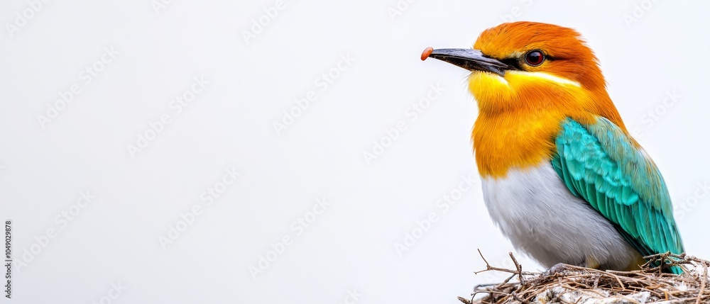 Obraz premium A vibrant bird perches atop a brown grass nest against a backdrop of a pure white sky Behind it, a light blue sky extends