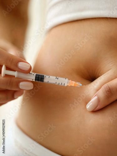 eating disorder. young woman injecting a diabetic insulin injection into her abdomen.