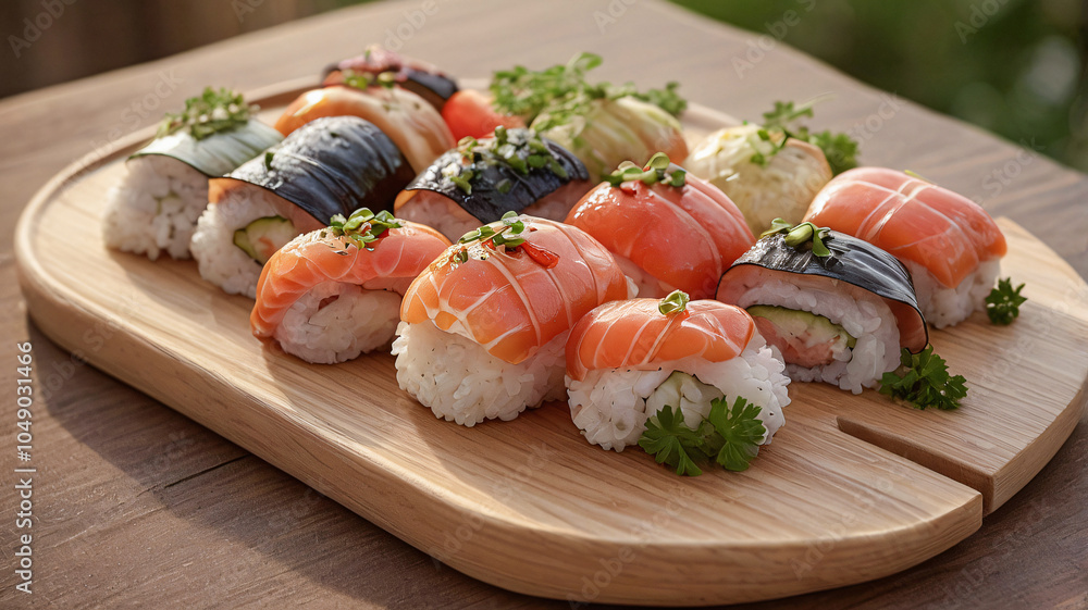 Vibrant assortment of sushi rolls, artfully arranged on a wooden platter. Captured from above, the colorful nigiri, maki, and uramaki display a mouthwatering array of fresh ingredients. Vibrant assortment of sushi rolls, artfully arranged on a wooden platter. Captured from above, the colorful nigiri, maki, and uramaki display a mouthwatering array of fresh ingredients.