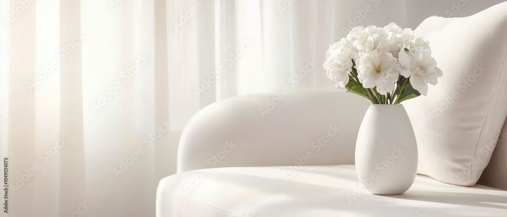 A white vase, brimming with white blooms, rests atop a white couch Nearby, a pristine white pillow graces the seat of a matching white chair A white vase, brimming with white blooms, rests atop a white couch Nearby, a pristine white pillow graces the seat of a matching white chair