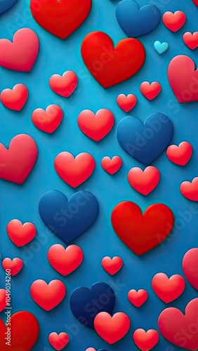 Red, pink, and blue hearts are scattered across a bright blue background