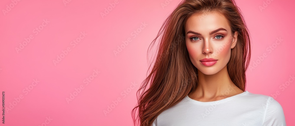 A woman with long brown hair and blue eyes poses before a pink backdrop; her hair billows in the wind A woman with long brown hair and blue eyes poses before a pink backdrop; her hair billows in the wind