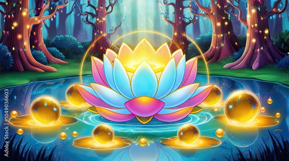 Fototapeta premium Enchanted Lotus Bloom: Mystical glowing lotus flower in an enchanted forest pond, surrounded by golden orbs, creates a magical and serene atmosphere. 