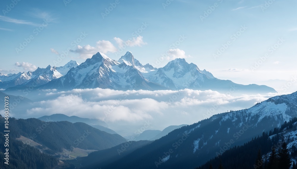 Obraz premium Panorama of the mountains in winter, Snow-capped mountains with low clouds rolling by, High-altitude mountaineering