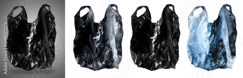 Black plastic carrier shopping bag.Non-reusable plastic bag illustration for plastic pollution graphic art and posters.Transparent background black and white plastic design 4K.