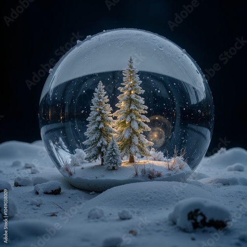 Crystal ball with a tiny snowy forest inside, concept of a fabulous Christmas
