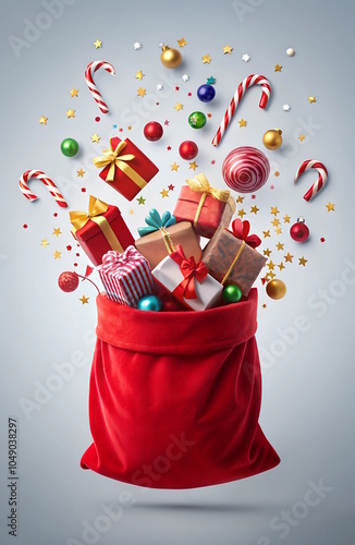 Santa Claus red bag full of Christmas  gifts flying out of the bag on white background