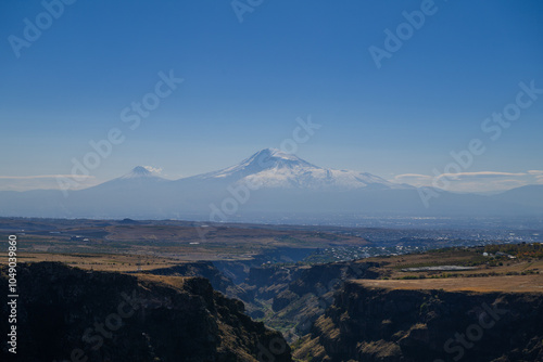 Beautiful landscape with Kasagh river canyon and mount Ararat, Armenia photo