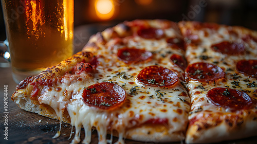 Close-Up of an Entire Pizza with Mozzarella Cheese, Pepperoni, and Fresh Basil Toppings. The Pizza is Golden Brown and Crispy, Showcasing a Perfect Blend of Savory Ingredients and a Deliciously Melted