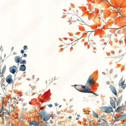 A beautiful autumn scene with leaves, flowers, and branches, perfect for designing banners and postcards. This design captures the essence of the harvest season.