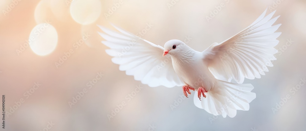 Fototapeta premium A white bird flies through the air, its wings spread wide