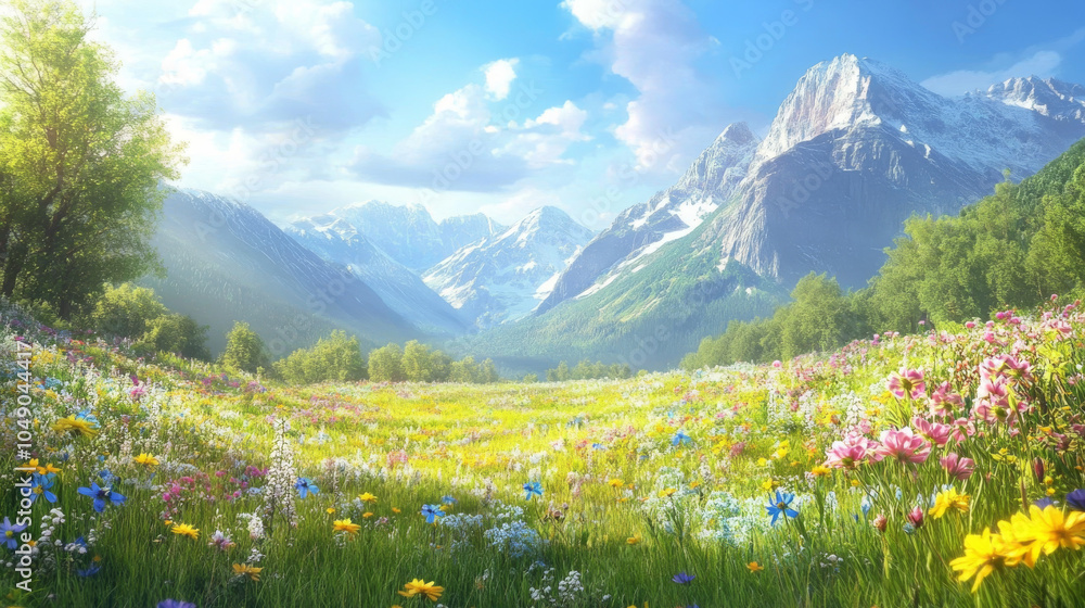 Fototapeta premium Wildflowers blooming in a sunny meadow with mountains