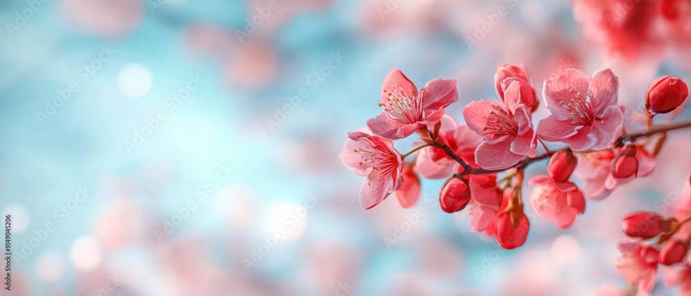 A branch of a tree with pink flowers in the foreground, against a backdrop of a blue sky A branch of a tree with pink flowers in the foreground, against a backdrop of a blue sky