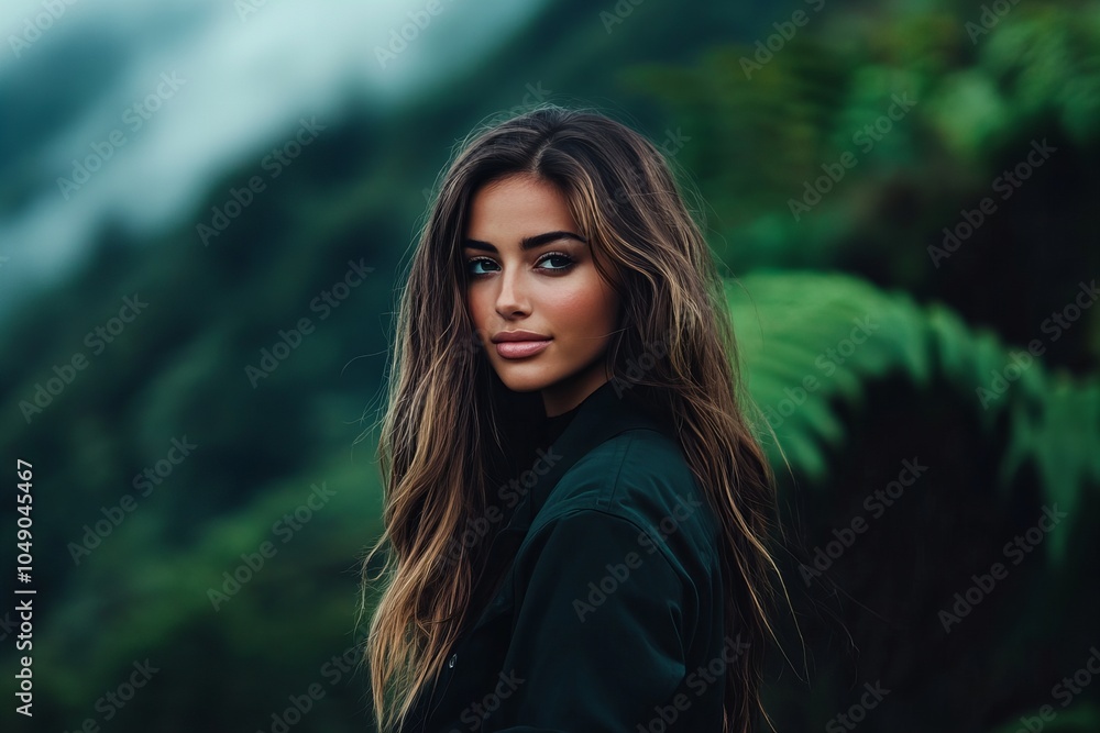 A captivating portrait of a woman with flowing hair and a gentle gaze, set against a lush, green forest backdrop, capturing natural beauty, elegance, and a deep connection to nature A captivating portrait of a woman with flowing hair and a gentle gaze, set against a lush, green forest backdrop, capturing natural beauty, elegance, and a deep connection to nature