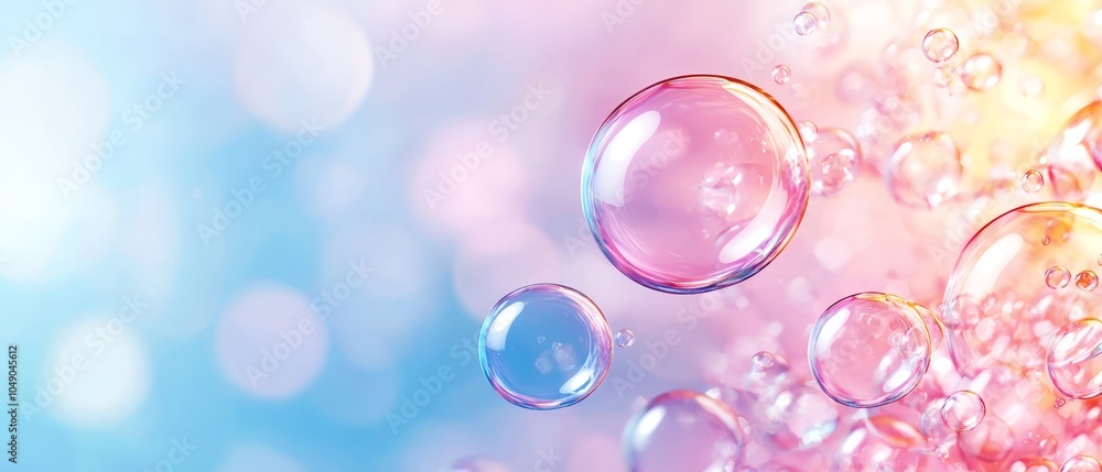 A collection of bubbles hovering above a multicolored backdrop featuring blue, pink, yellow, and white hues; blue sky visible in the background A collection of bubbles hovering above a multicolored backdrop featuring blue, pink, yellow, and white hues; blue sky visible in the background