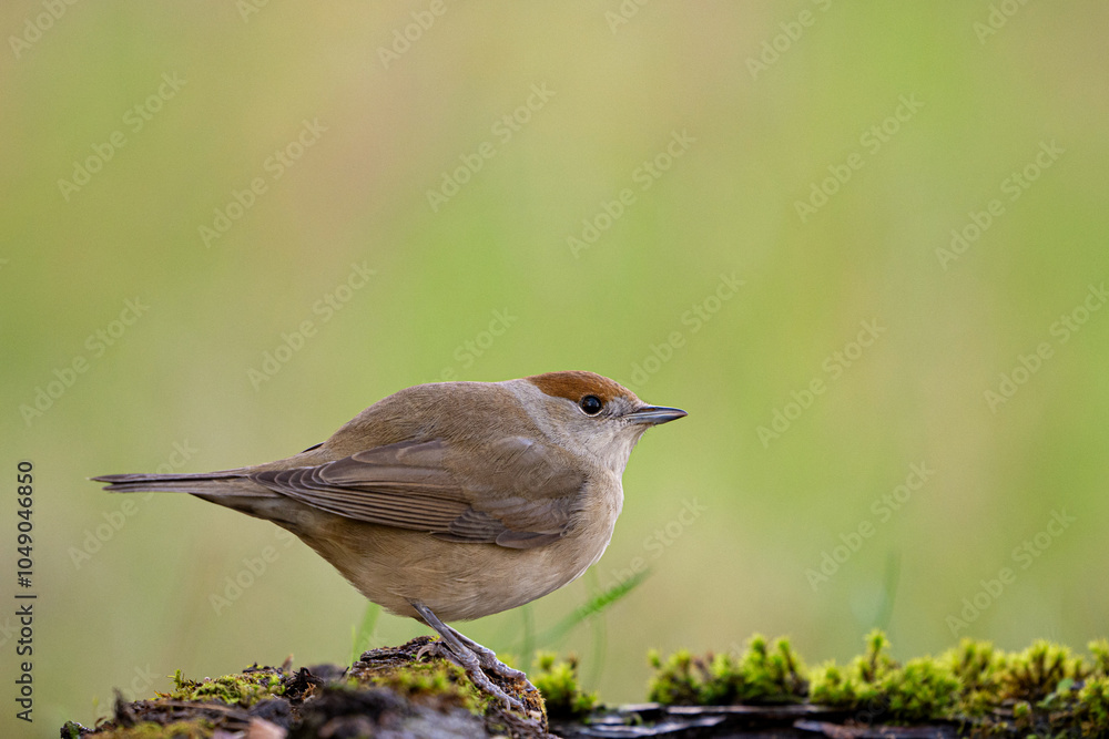 Blackcap Sylvia atricapilla perched against a beautiful green background Blackcap Sylvia atricapilla perched against a beautiful green background