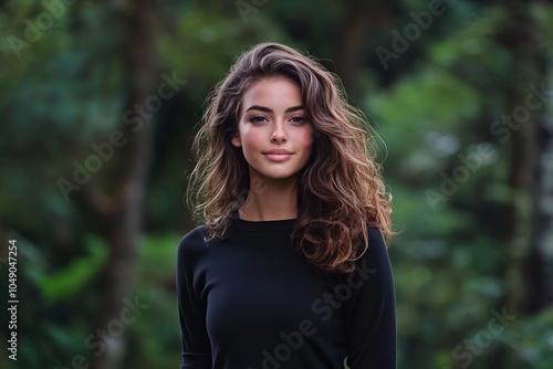 A radiant portrait of a woman with curly hair standing amidst a lush, green background, exuding a natural charm and elegance in an outdoor setting