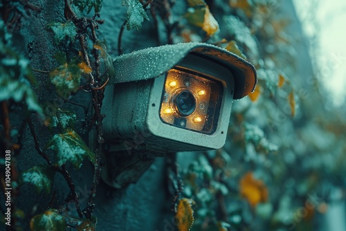 Close-up CCTV camera of a house in leaves. Security, safety, home photo