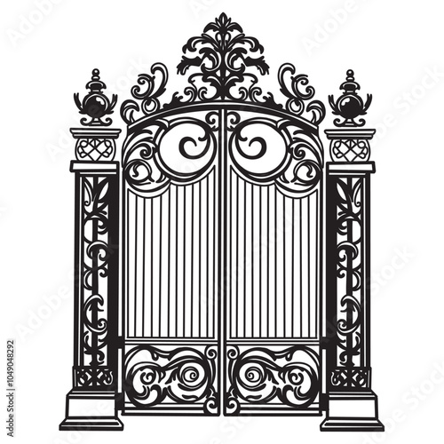 ANTIQUE METAL GATE. Black on white sketch of wrought iron bi-fold garden doors. Church gate with scrolls and leaves.