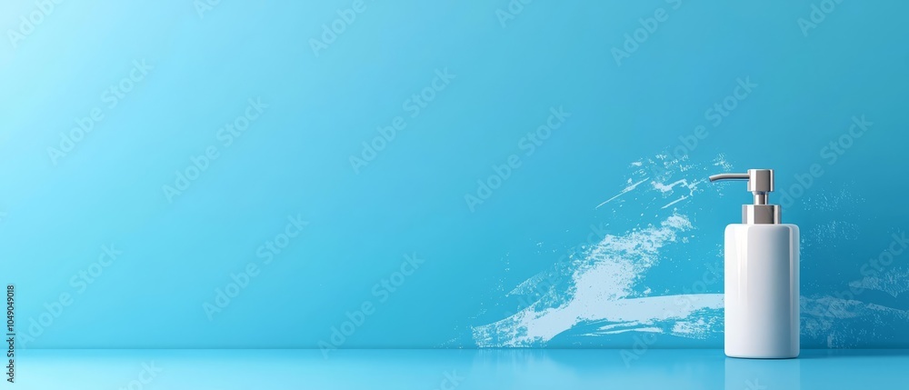 A white soap dispenser sits atop a blue table, beside a bottle of lotion A white soap dispenser sits atop a blue table, beside a bottle of lotion