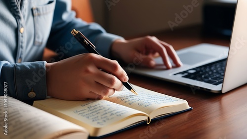 Close-up of hands writing in a notebook on a wooden table, with a laptop nearby, capturing a cozy, focused workspace with warm, natural lighting