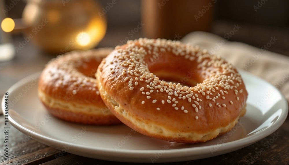 Delicious sesame bagels on a plate with cozy background and copy space Delicious sesame bagels on a plate with cozy background and copy space