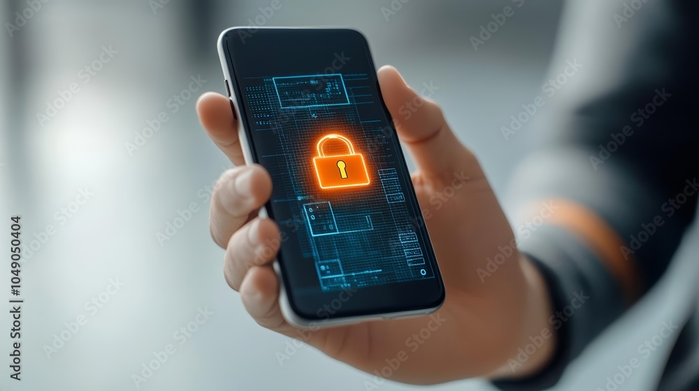 Businessman holding a smartphone with glowing digital lock, cybersecurity interface, data protection, and encrypted financial transactions Businessman holding a smartphone with glowing digital lock, cybersecurity interface, data protection, and encrypted financial transactions