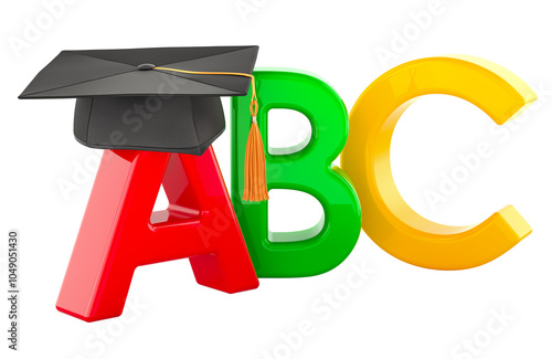 ABC colored letters with education hat, 3D rendering isolated on transparent background