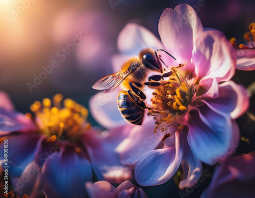 Abeille en activité butine une fleur photo