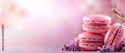  A stack of pink macaroons atop one another, adjacent to a purple flower against a pink backdrop