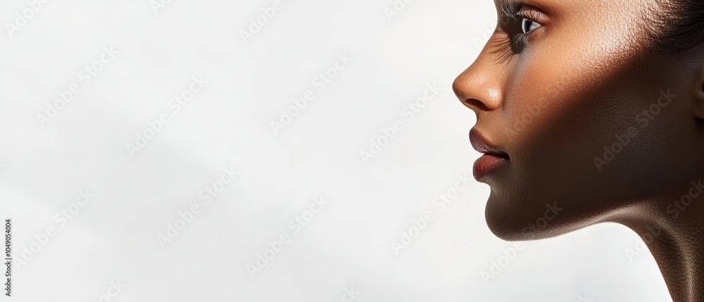 A tight shot of a woman's face with a casting shadow on her forehead A tight shot of a woman's face with a casting shadow on her forehead