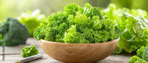  A table holds a wooden bowl brimming with green lettuce, accompanied by a separate mound of the same leafy green vegetable