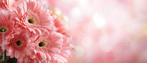  A pink tablecloth covers a wooden table, holding a bouquet of pink flowers at its center