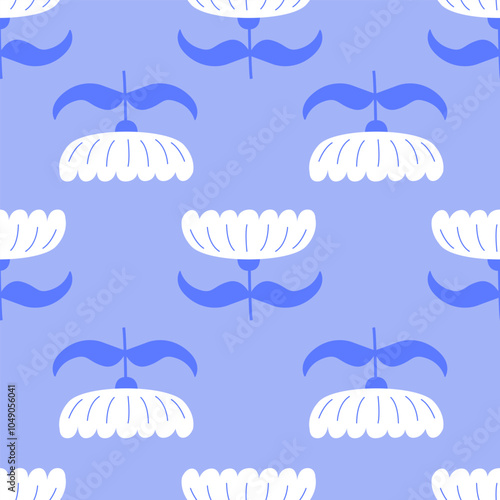 Geometric seamless pattern with abstract flowers in retro style. Vector floral background. Vintage fashionable print with daisy funky flowers in 1970s style