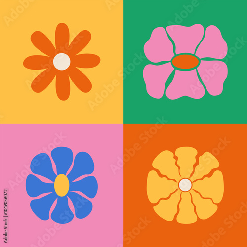 Set of abstract geometric colorful flowers. Vector flat illustration in retro groovy style