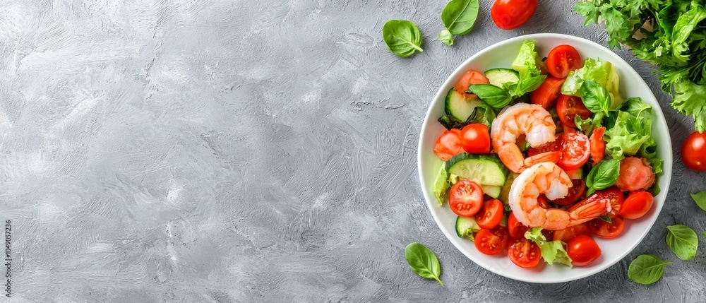 shrimp, tomatoes, cucumber, lettuce on gray shrimp, tomatoes, cucumber, lettuce on gray