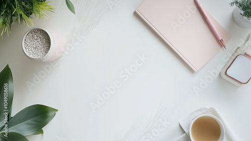Minimalist workspace with notebook, plant, and coffee on white surface
