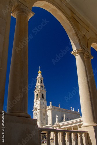Fatima, Lisbon, seen under the arches of the bell tower of the sanctuary